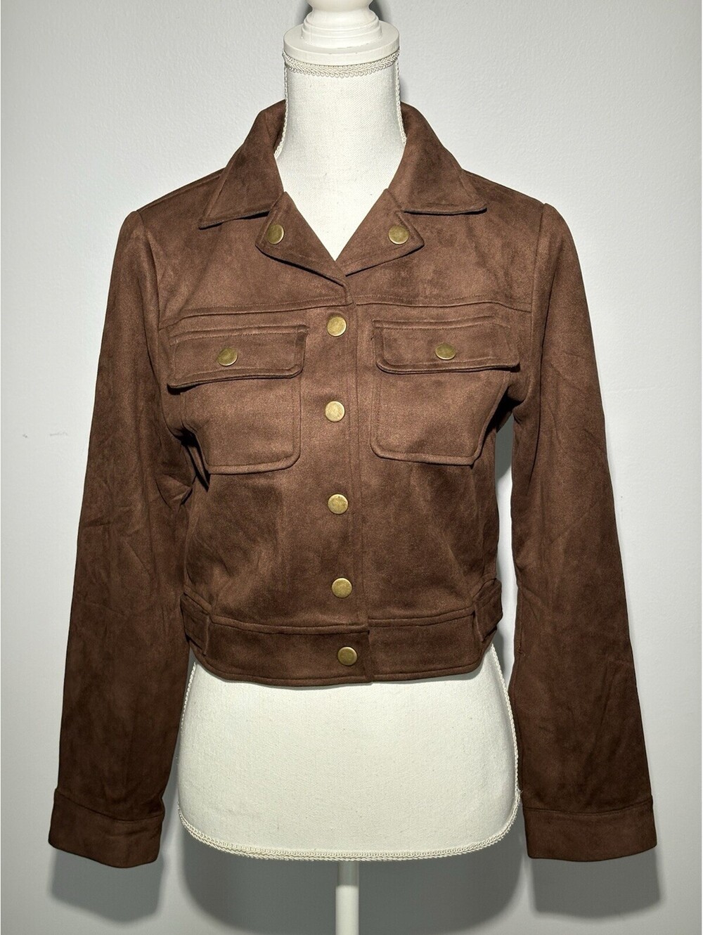 Allegra K Women’s Brown Faux Suede Cropped Moto Jacket Button Up Small Pockets